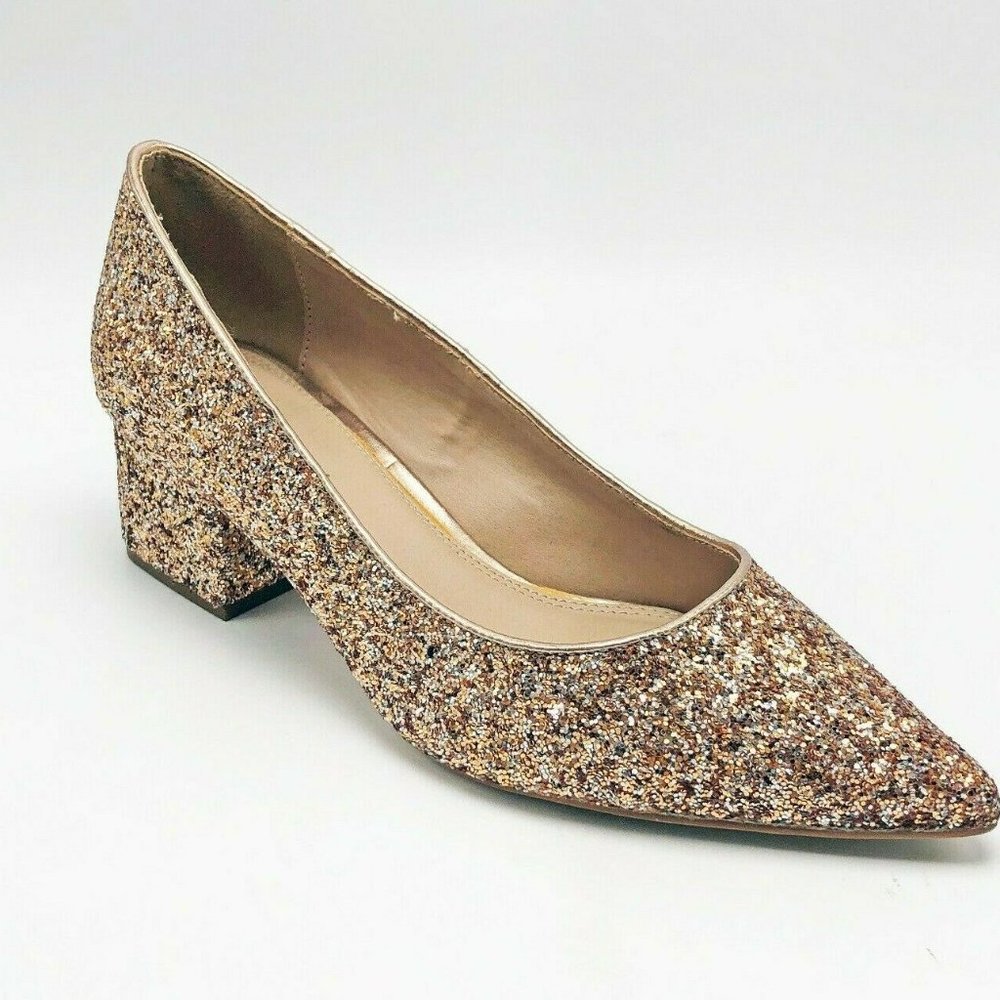 ASOS Gold Glitter Pointed Low Block Heel Pumps